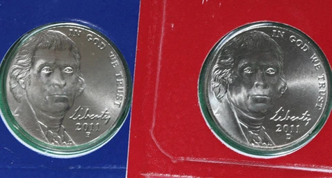 2011 P and D Jefferson Nickels 2 Coin BU Cut from US Mint Set Five-Cent 5c Coins Cover