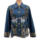 Vintage 90S New Directions Safari Embroidered Denim Jean Jacket Top Blue Small