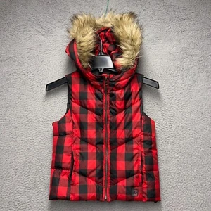 Gap Kids Down Vest Jacket Girls Medium Red Black Plaid Full Zip Faux Fur Trim - Picture 1 of 11