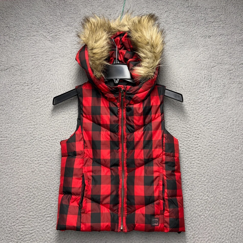 Chaleco Chaqueta Gap Niños Plumón Niñas Mediana Roja Negra A Cuadros Cremallera Completa Ribete de Piel Sintética Foto 1 de 4