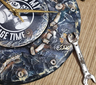 Garage Wall Clock/ Crafted Car Biker Gift Men Wood Clock/Handmade/Steampunk/OOAK - Image 1 of 4