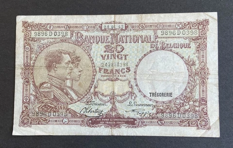 1943 Banque Nationale de Belgique 20 Francs WW2 Belgium Banknote Paper Money Cover