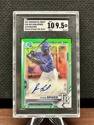 RYAN SPIKES 2021 Bowman Chrome 1st Rookie Green Refractor SGC 9.5 Auto 10 #/99 - Image 1 of 3