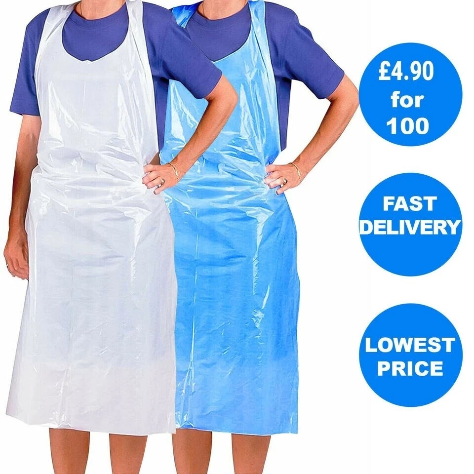Disposable Plastic Aprons Blue / White Polythene Eco Flat Pack Waterproof Aprons - Image 1 of 1