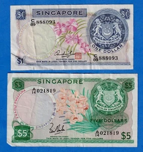 Singapore Combo $1 & $5 - P- 1d & 2a (1967-1972)  -  2 Circ Notes  Flowers SG#09 - Picture 1 of 4