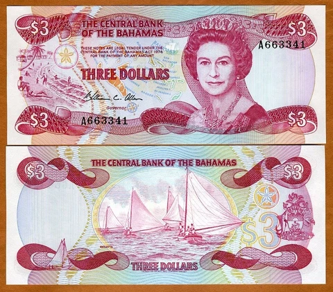 Bahamas, 3 dollars, L. 1974 (1984), P-44, QEII, UNC Cover