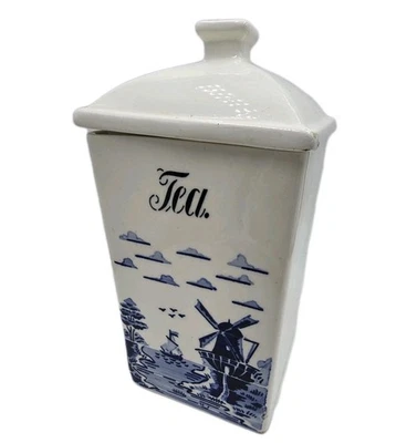 Bote de té de molino de viento holandés Delft azul blanco TEA de colección años 40 Alemania usado en excelente estado con tapa Foto 1 de 4