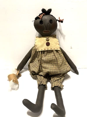 Muñeca afroamericana de tela hecha a mano vintage de 21" rollo de algodón Foto 1 de 2