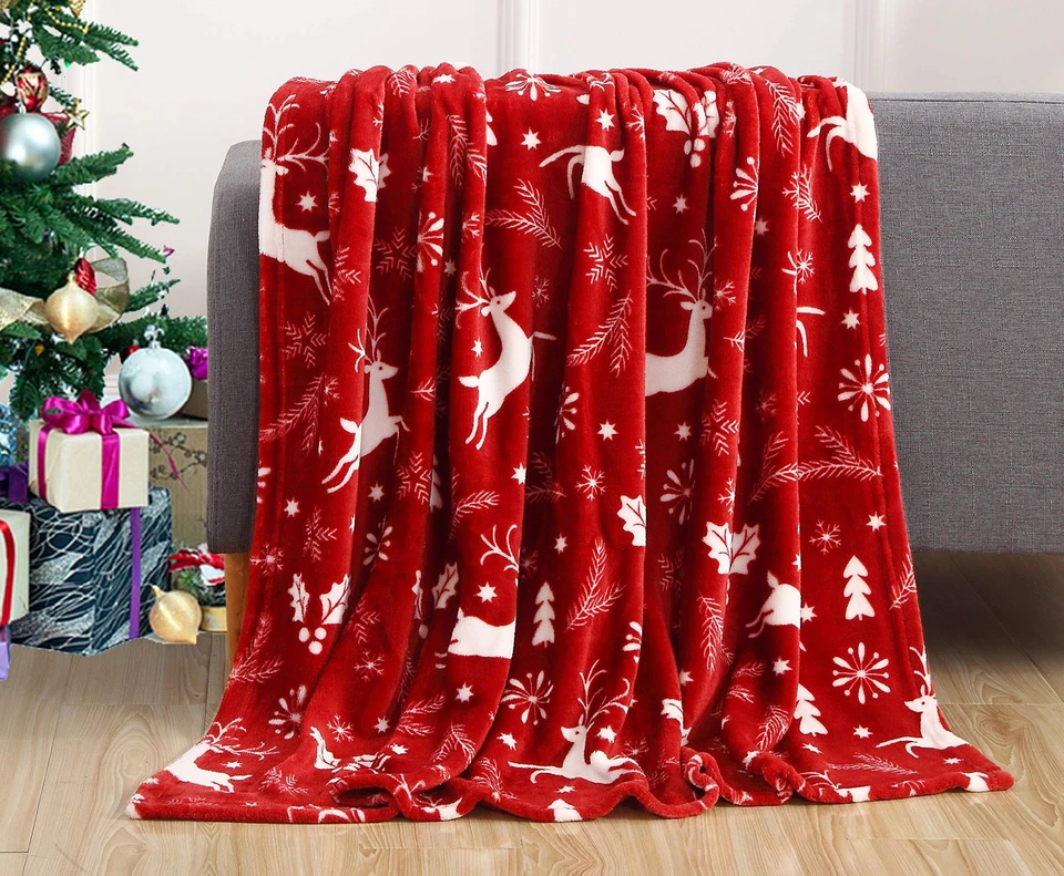 Elegant Comfort Luxury Velvet Super Soft Christmas Prints Fleece Blanket-holi...