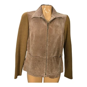 AMI Leather Suede Ribbed Sweater Knit Sleeve Moto Jacket Women's Size Medium - Picture 1 of 8