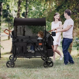 Wagon Stroller for 4 Kids, Wagon for Toddler with Canopy,Shoulder Bag Black - Picture 1 of 8
