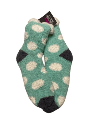 Nwt Ladies Lounge Socks Aqua White Polka Dot Sherpa Lined Cozy Fuzzy Size 4-10 - Image 1 of 4