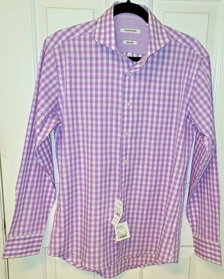 NUEVO CON ETIQUETAS Isaac Mizrahi New York 15 32-33 Calce Ajustado Púrpura Blanco Cuadros Cuello Extendido Foto 1 de 4