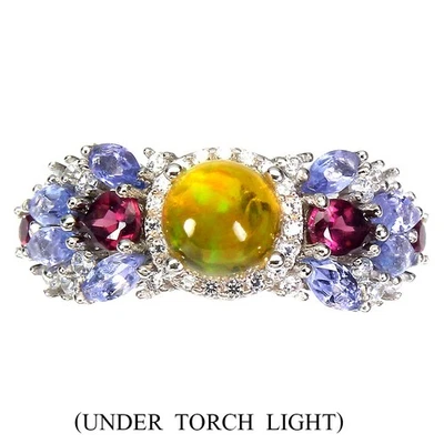 Anello in argento sterling 925 rotondo opale di fuoco tanzanite rodorite... - Immagine 1 di 4