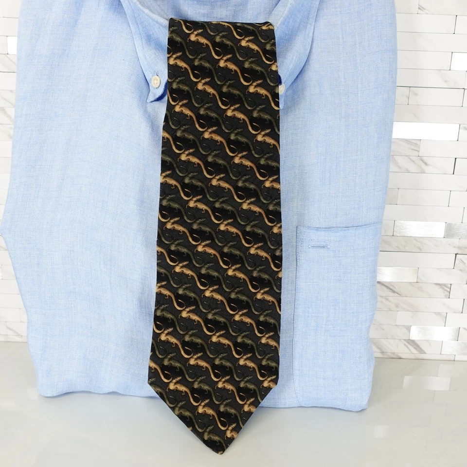 NATURA Neck Tie Mens Gray Tan Striped Silk Suit Modern Lizard Dark WIDE USA - Image 1 of 4