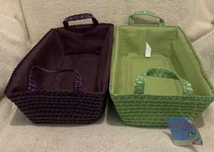 2 pezzi cestini per pane foderati in paglia intrecciata viola e verde lime con manici 12x7 - usati in ottime condizioni - Foto 1 di 4