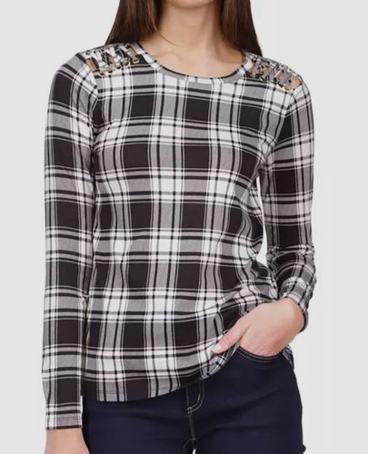 Top donna Michael Kors nero bianco manica lunga a quadri stringato taglia XS $78