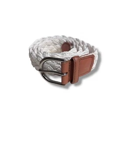 TALBOTS Women’s White Cotton Braided Belt Brown Accents Silver Tone Buckle - Picture 1 of 5