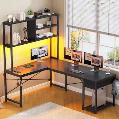 L Shaped Computer Desk with LED Lights and Storage Shelves, Home Office Desk - Image 1 of 4