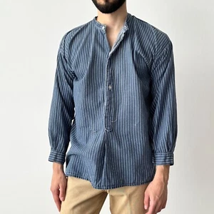 1950s Vintage European Workwear Faded Striped Popover Henley Collar Shirt Size M - Picture 1 of 9