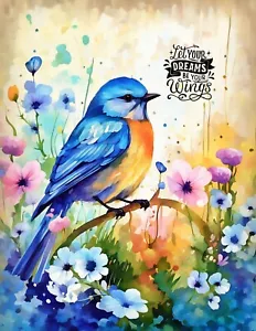 Bluebird in a flower garden artist trading card 2.5x3.5 ACEO landscape artwork - Picture 1 of 3