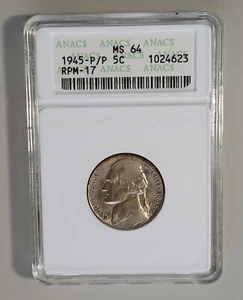 Nice Toned 1945 Wartime Jefferson Nickel P/P RPM-17 ANACS 64 - Picture 1 of 3