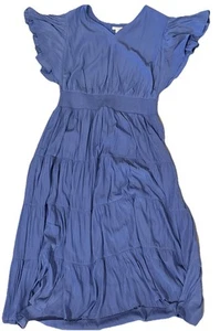 Chico's Size 3 US 16 Blue Tiered Maxi Dress Short Flutter Sleeve V-Neck Pockets - Picture 1 of 12