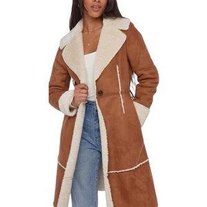 Abrigo JustFab Mujer Grande Marrón Sherpa Largo Pesado Botón Único - Imagen 1 de 6