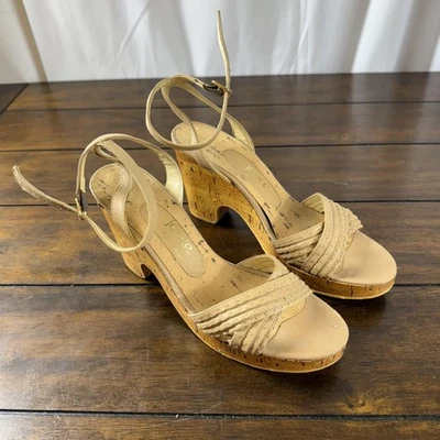 Joyce Zapatos Mujer Talla 6.5 Tostado Corcho Tacón Sandalias Tirantes Tobillo Italia De Colección Foto 1 de 4