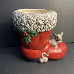Christmas Santa Boot Playful Mice Mouse Candy or Plant Holder Vtg Ceramic 7.5" - Picture 1 of 6