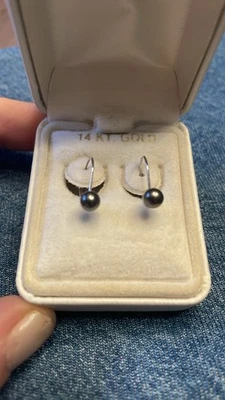 复古精美 14k 白金黑文化珍珠钩吊坠耳环带背面 — 第 1/4 张图片