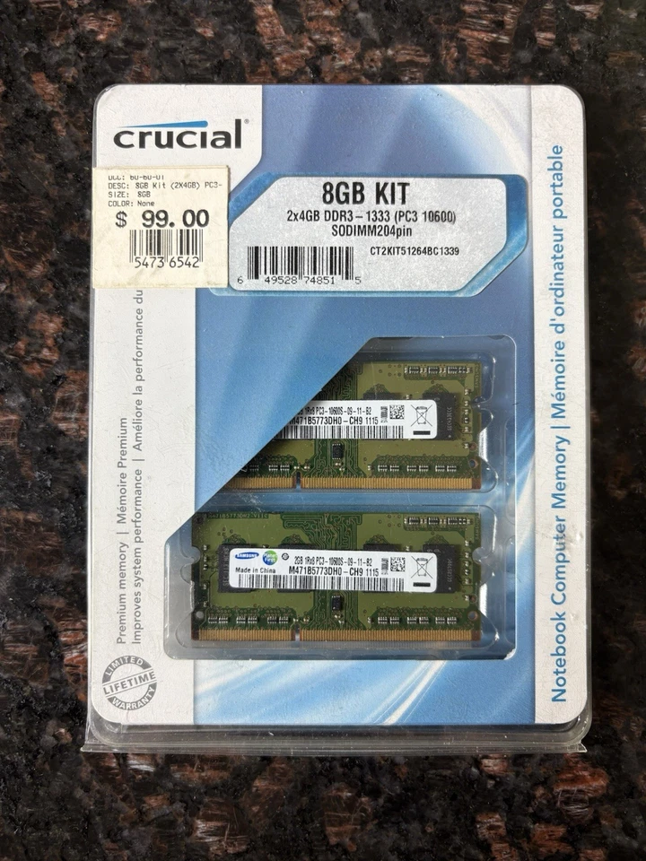 Crucial 8gb Kit2-4gb 204-pin Dimm Ddr3 Pc3 8500 Cl7 Memory Module - Image 1 of 2