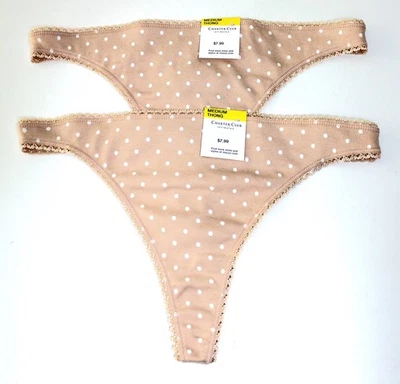 CHARTER CLUB Two Pairs Thong Panties Size Medium Almond Latte, White Dots Cotton - Image 1 of 2