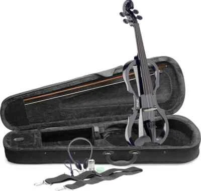 4/4 electric violin set with black electric violin, soft case and headphones - Image 1 of 3
