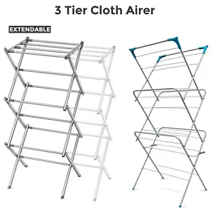 Extendable Clothes Airer Dryer 3 Tier Metal Laundry Drying Rack Indoor Outdoor - Picture 1 of 22