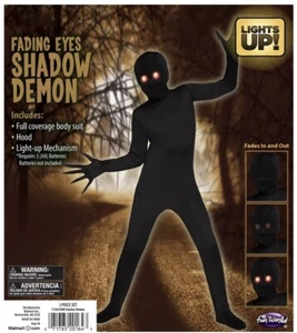 Fading Eye Shadow Demon Black Skin Suit Child Costume Medium 8-10 Hood Light-up - Picture 1 of 8