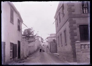 ANTIQUE GLASS NEGATIVE, WALLED LINED ROADWAY, LARGE STONE HOUSES, UNKNOWN LOCAL - Picture 1 of 1