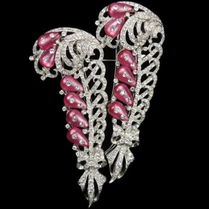 Coro Pave Pink Topaz Shoebutton Cabochons Giant Peacock Feathers w Bows Duette - Picture 1 of 9
