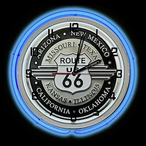 19" Route 66 Sign Blue Double Neon Clock Garage Man Cave Decor - Picture 1 of 2