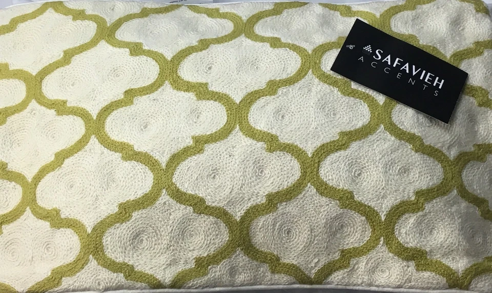 SAFAVIEH DEC900A RHEA Pillows SET 2 Chain PEAR GREEN CREAM 12X20 Zipper Covers - Image 1 of 4