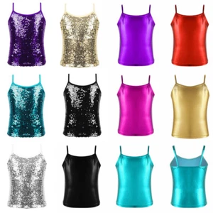 Kids Girls Straps Sparkly Sequins Jazz Dance Camisole Tank Tops Vest Costume - Picture 1 of 136