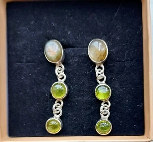 Sterling Silver Dangle Earrings Labradorite Peridot Mexico - Picture 1 of 3