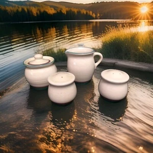 Pfaltzgraff JUNIPER Mauve and Teal Bands SUGAR BOWL & CREAMER - SALT & PEPPER - Picture 1 of 6