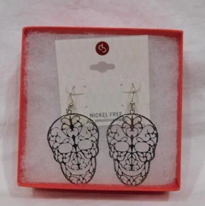 New - Filigree Sugar Skull Statement Earrings- Silvertone - Picture 1 of 1