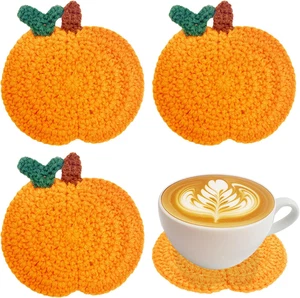 Fall Pumpkin Crochet Coaster 4 Pack Fall Pumpkin Decor Handmade Knitted Drink - Picture 1 of 12