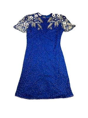 Laurence Kazar женщин платье M синий шелк цветочный бисером блестки оболочка с подкладкой читать - Изображение 1 из 4