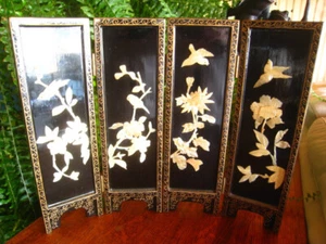 Black Lacquer W/Mother Of Pearl  Table Top Folding Screen Floral & Birds 14x18" - Picture 1 of 8