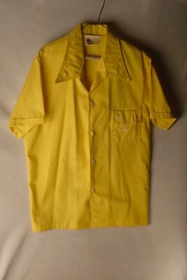 Vtg 60s 70s kings road bowling shirt Yellow Dagger Collar Square Button L Large - Image 1 of 4
