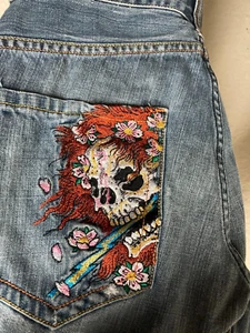 Christian Audigier Ed Hardy Jeans Mens 33 Skull Embroidered Denim - Picture 1 of 11