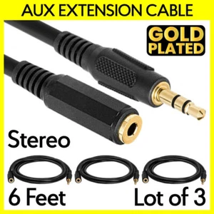 Paquete de 3 cables de extensión de 6 pies 3,5 mm cable auxiliar de 1/8" macho a hembra cable estéreo - Imagen 1 de 3